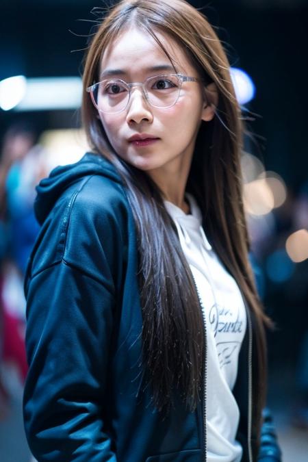 1girl with glasses, portrait of man, upper body, front, chest, looking_at viewer, black_hoodie, hood, simple_background, dark_background,
hook,<lora:hookbnk48:1>,