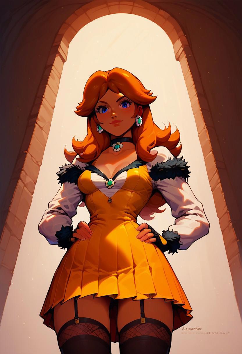 Score_9, score_8_up, score_7_up, detailed, halfbody, indoor, focus on girl, princess daisy, blue eyes, long hair, orange hair, tanlines, tanned skin,
T8whitedress, choker, black thighhighs, garter straps, fur trim, long sleeves, cleavage, pleated skirt, fingerless gloves, hands on hips, looking down, big smile, looking at viewer