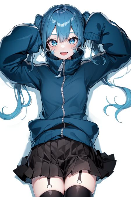 masterpiece, best quality, Ene, 1girl, solo, long hair, looking at viewer, smile, open mouth, blue eyes, skirt, simple background, thighhighs, white background, twintails, blue hair, jacket, pleated skirt, black thighhighs, black skirt, sleeves past wrists, sleeves past fingers,  lying,  <lora:Ene-v1:0.6>