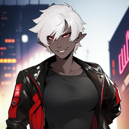 masterpiece, best quality, 1girl, t shirt, leather jacket, open jacket, skinny, smug, smirk, tomboy, drow, white hair, red eyes, pointy ears, grey skin, black skin, neon lights, city