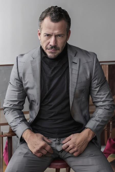 solo, shirt, black hair, 1boy, sitting, jacket, upper body, male focus, indoors, black shirt, blurry background, turtleneck, facial hair, chair, beard, meme, realistic, grey jacket, Malvino Salvador, Malvinosalvador <lora:Malvino Salvador:1>