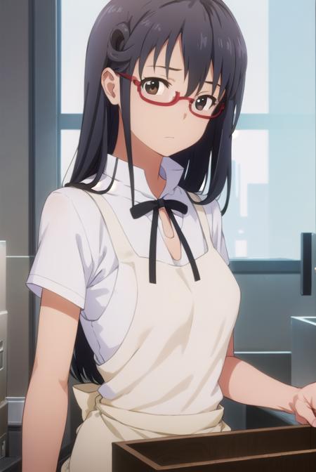 mayamatsumoto, <lora:maya matsumoto s2-lora-nochekaiser:1>,
maya matsumoto, long hair, black hair, (brown eyes:1.3), glasses, apron, semi-rimless eyewear, red-framed eyewear, under-rim eyewear,
BREAK apron, waitress,
BREAK indoors, restaurant,
BREAK looking at viewer, (cowboy shot:1.5),
BREAK <lyco:GoodHands-beta2:1>, (masterpiece:1.2), best quality, high resolution, unity 8k wallpaper, (illustration:0.8), (beautiful detailed eyes:1.6), extremely detailed face, perfect lighting, extremely detailed CG, (perfect hands, perfect anatomy),