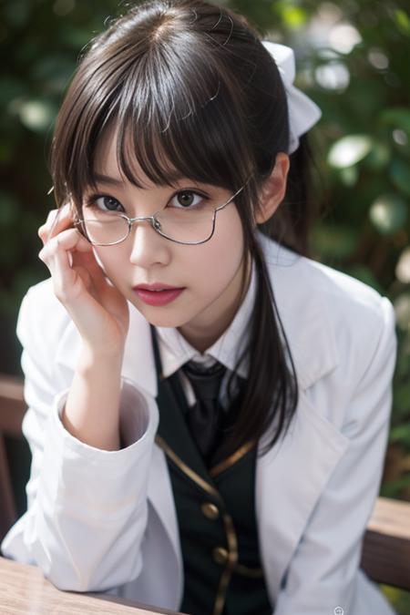 ultra-detailed,highly detailed,best quality,masterpiece,illustration,realistic,
shiguma rika, 1girl, solo, cosplay,
st. chronica academy school uniform,
glasses,hair bow, labcoat,
looking at viewer, upper body,
outdoors, nature, 
<lora:shiguma rika_v1_07:0.7>