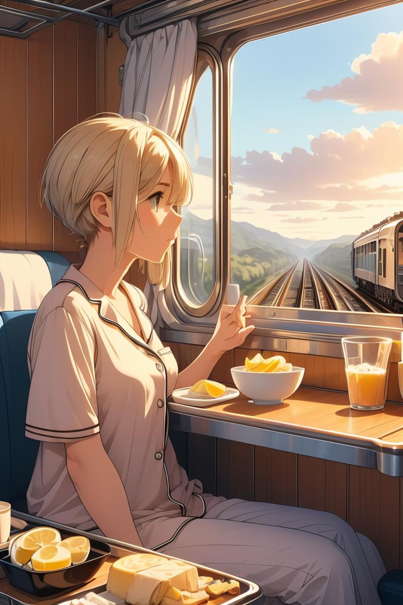 A cartoon image of a woman in a train, looking out the window at a train passing by. She is eating fruit and drinking from a glass.