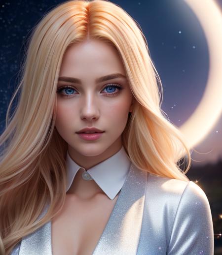 hair red gradient blonde, night sky, detailed face, face focus, shiny skin, game cg, nigh sky, moonlight, moon, white gloves, polish dress shirt glitter glass, Intricate Surface Detail, Crystal Core , Ethereal Fantasy, Realistic, Fiction, Full-HD, 8K Photo, HD,