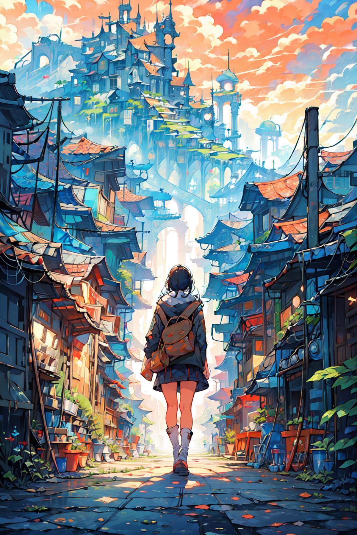 A young girl walking down a narrow alley in a futuristic cityscape.