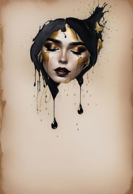 RAW profile photo, close-up, dark atmosphere, crying with tears made of gold, masterpiece, cinematic film still of a blonde beautiful woman, detailed skin, freckles ,eyeliner, dark lipstick, black lace turtleneck dress, tack sharp focus on eyes, Sensual, lustful, seductive,  intricate, ultra detailed, 8k, <lora:MS_DitavT_V1_32:0.6>