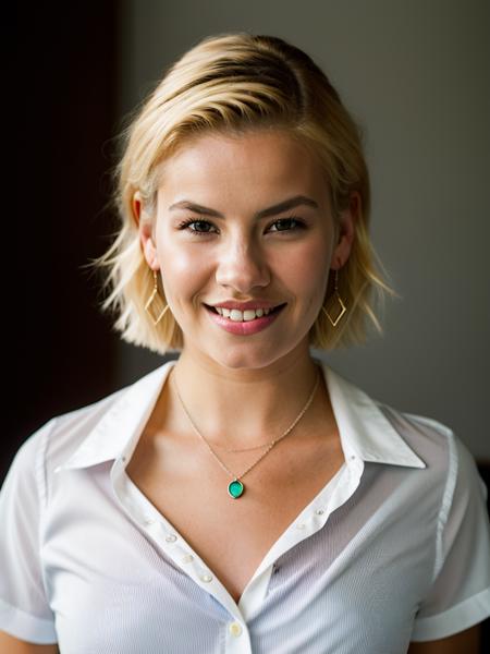 Realistic photo of a beautiful 3l1sh4c-v1 woman, 1girl, solo, looking at viewer, smile, short hair, blonde hair, shirt, jewelry, earrings, parted lips, teeth, solo focus, necklace, mole, blurry, lips, blurry background, portrait, mole under mouth, striped shirt, realistic, soft lighting, professional Photography, Photorealistic, detailed, RAW, analog, sharp focus, 8k, HD, DSLR, high quality, Fujifilm XT3, film grain, award winning, masterpiece<lora:3l1sh4c-v1:1.0>