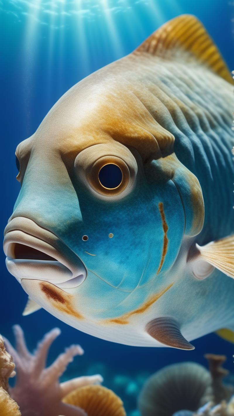 A close-up of a blue and white fish with a yellow and black eye.