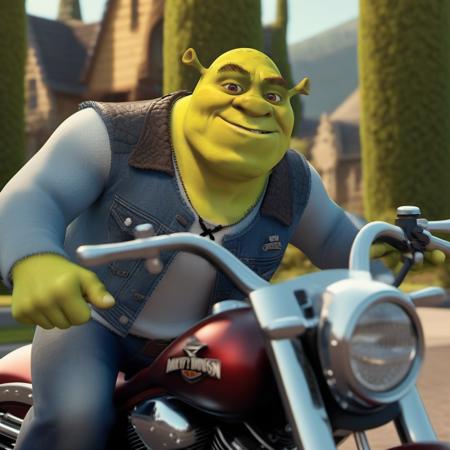 Shrek1024, with +++sunglasses and jeans jacket and pants, ride an harley davidson motorcycle, smile, tattoos, detailed eyes, highly detailed, photography, ultra sharp, film, bokeh, professional, 4k   <lora:Shrek1024:0.8>