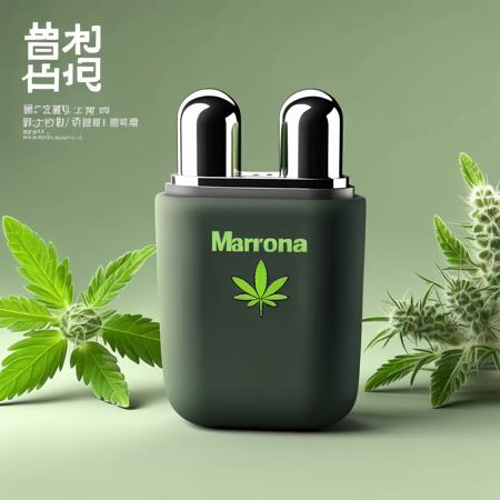 A promotional image capturing a serene and relaxed ambiance. At the center of the frame sits a headphone case, sleek and modern. The surface of the case boasts a beautifully detailed weed emblem, standing out as a centerpiece. Right below the weed , in elegant yet bold font, is the word 'marijuana'. Surrounding the product, soft lighting casts gentle shadows, creating a sense of depth. The backdrop consists of a tranquil scene, perhaps a light wooden table with subtle grain details, complemented by soft-focus green plants or flowers at the edges, which further enhances the calming mood.,marijuana, <lora:smokebox:0.8>