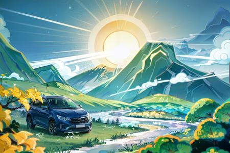 masterpiece, best quality, g1a2s,outdoors,car,no humans,mountain, tree,sun,cloudy sky,