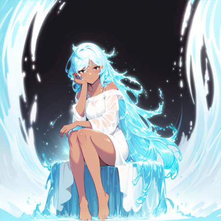 liquid hair,Transparent hair,
beautiful detailed glow,detailed ice,beautiful detailed water,((masterpiece)), (((best quality))), ((ultra-detailed)), ((illustration)),solo，girl，Dark skin，black eyes，white hair，disheveled hair，Loose hair，White glossy loose long hair，White off shoulder dress，barefoot，
