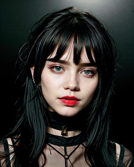 Chz-SophieT, (meticulously-detailed, Ultra-HD-realistic:1.3), Wanna be creepy and sad with me?, close-up RAW photo of 1girl as a goth kid, (wearing heavy emo makeup:1.3), blood-red-lips, midnight-black-eyeliner, (flirtatious smile), punk-rock-hair, goth girlz rule, emo 4 life, simple background, absurdres, (perfect-eyes, masterpiece, best quality:1.4),