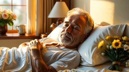 an elderly man peacefully lying in bed,warm soft sunlight streaming through the window,quiet and serene room,delicate flowers on the bedside table,the man's face showing peace,calm,and contentment,soft lighting,golden sunlight,cozy atmosphere,gentle shadows,a sense of love and respect in the air,symbolizes the beauty of life's final moments,calm expression,gentle wrinkles,relaxed posture,soft bed linens,peaceful morning light,warm tones,harmonious composition,a sense of completion and fulfillment,(masterpiece:2),(best quality:1.1),ultra highres,original,extremely detailed,perfect lighting,<lora:add-detail-xl:1>,<lora:detailed_notrigger:1>,<lora:xl_more_art-full_v1:0.8>,<lora:MJ52_v2.0:0.5>,