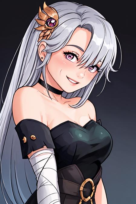 spirit_eye_celine, realistic, hand_on_own_face, head_tilt, upper_body, uneven_eyes, bare_shoulders, off_shoulder, (strapless:1.25), light_smile, parted_lips, blush, looking_to_the_side, upper_body, bandaged_arm, silver_hair, long_hair <lora:spirit_eye_celine_v1.1-000013:0.70>