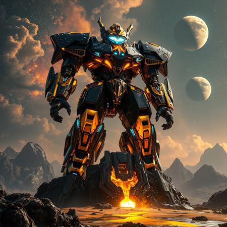 "Epic 3D render of Super Quantal Mech King Great Magnus, a towering mechanoid with obsidian-black armor plates edged in radiant gold, crowned by a polished tungsten-steel head glowing with azure energy visor. Standing in a commanding pose atop a floating monolith on Primeval Planet Perlereino, its stance radiates power as crystalline energy surges from its reactor core. The alien world features colossal bioluminescent geodes, rivers of liquid mercury, and a nebula-streaked sky with twin collapsing stars. Dramatic low-angle shot using Unreal Engine 5 ray tracing, Octane Render hyper-textures, and Raphael-style chiaroscuro lighting. Metallic surfaces reflect holographic storm clouds, while splash ink effects on the terrain blend with Houdini-style particle simulations. 8K resolution, ArtStation-trending composition, golden ratio framing, dominated by solar yellow and void black with chromatic sci-fi accents."