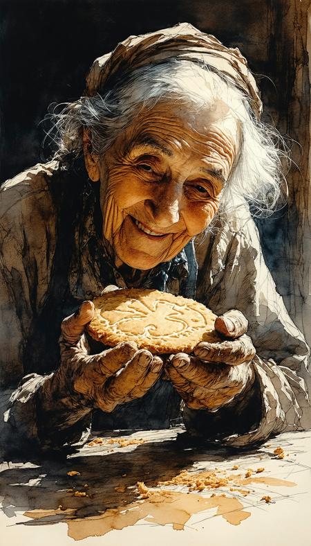 Ink art, watercolour washes, charcoal shadows: Intimate close-up of a wisened elder, deeply etched smile, delicately cradling a warm gingerbread cookie. Arthur Rackham's expressive lines, Rembrandt's poignant lighting. Sepia, ochre, desaturated blue palette. Soft window light casts gentle chiaroscuro on papery skin, crumbly cookie. Dust-moted sunbeam illuminates antique lace, worn wood. Focus: knowing eyes, gentle hands, central cookie. Atmosphere of nostalgic tenderness, quiet contemplation; implied baking spices, wisp of steam.