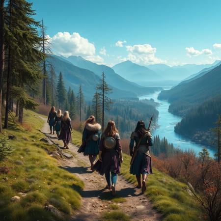 a group of female warriors travel a wide valley path through woodland, a broad river runs alongside the path, distant rivers, distant mountains, wilderness, dungeons and dragons, medieval, real photo, 4k, vibrant colours