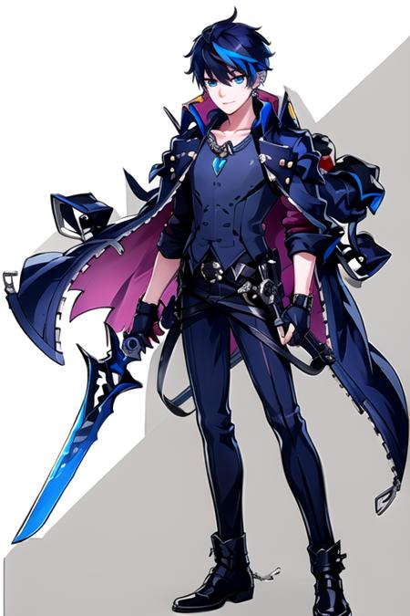 <lora:CielElsword-10:0.7> , ciel, solo, looking at viewer, smile, blue eyes, shirt, gloves, 1boy, holding, jewelry, blue hair, jacket, full body, weapon, white hair, male focus, earrings, black gloves, belt, pants, sword, fingerless gloves, black footwear, holding weapon, streaked hair, coat, holding sword, knife, dual wielding, jacket on shoulders, holding knife