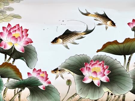 Chinese porcelain painting, some fish swim under the lotus, <lora:Chinese_porcelain_painting_V1:1>