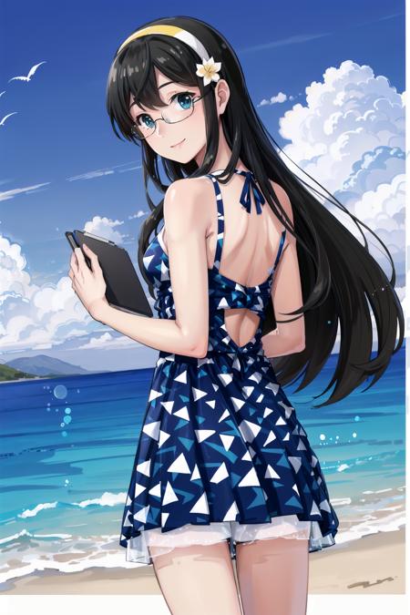 (masterpiece), (best quality), (ultra-detailed), photorealistic, (best illustration), (an extremely delicate and beautiful), 1girl, solo, ooyodo \(kancolle\), (print dress), (bra strap), long hair, black hair, (yellow) hairband, hair flower, blue dress,  semi-rimless eyewear, sleeveless dress, shorts under dress, bare shoulders, white flower, detailed ocean scenery, <lora:ooyodo_nai_3-32:0.8> holding quill, quill, looking back, smile, holding clipboard, clipboard