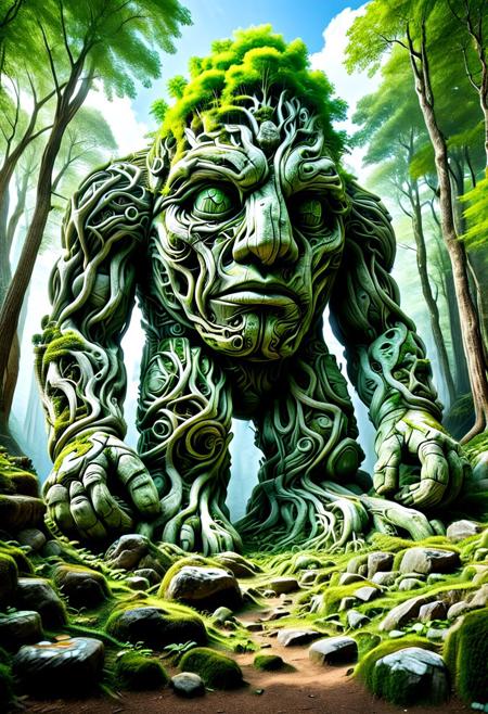 score_9,score_8_up,score_7_up, PG-TR, This is a vibrant, fantasy illustration of a large, golem-like figure that appears to be made of stones and rocks, partly overgrown with lush green foliage. The figure stands in a forested environment, with trees and plants surrounding it, and in the background, ruins or other stone structures are visible. The sky above is clear blue with some white clouds, indicating a sunny day.
The colossus itself is impressively large, with a broad posture and thick, robust limbs. Its body is a mix of gray and brown stones, some smoother than others, with cracks and moss growth emphasizing its age and natural integration. The most striking feature is the dense layer of bright green leaves covering large parts of its torso, shoulders, and upper legs, as if it has become part of the forest itself.
The colossus's face is somewhat human-like, with a stylized, flat nose and indentations suggesting eyes, all formed from stone. The overall atmosphere of the image is one of wonder and mystery, fitting for a fantasy world. <lora:Treeroots_0_90_multi2_Handprocessed_V2:1>
