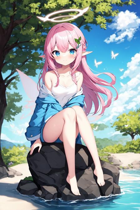 1girl, full body, fairy wings, fairy, pink hair, hair ornament, long hair, elf, butterfly, frills, outdoors, tree, leaf, blue sky, wings, halo, collarbone, bare shoulders, off shoulder, barefoot, water, rock