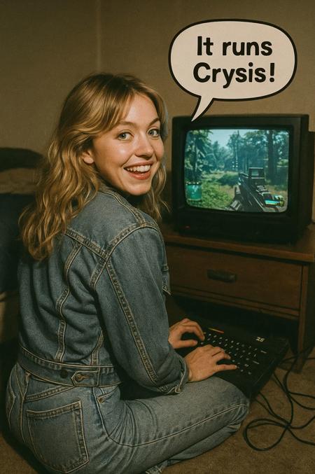 80's photo of a blond woman playing Crysis in a ZX Spectrum, saying It runs Crysis!