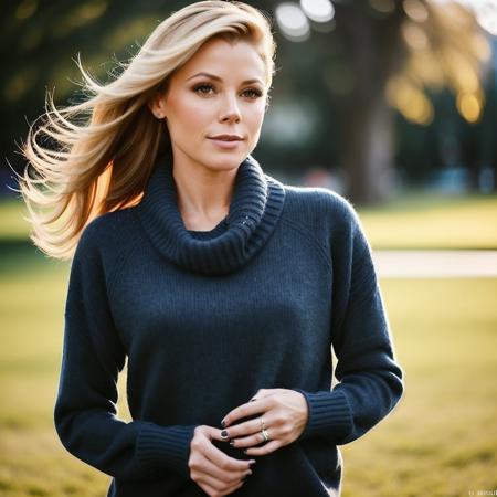 juliebowen a woman wearing a sweater, hair blowing in the wind, jeans, outside, park , portrait, (realistic, photo-realistic:1.37), ultra high res, ultra-detailed, incredibly beautiful girl, 8k uhd, dslr, soft lighting, high quality, film grain, Fujifilm XT3