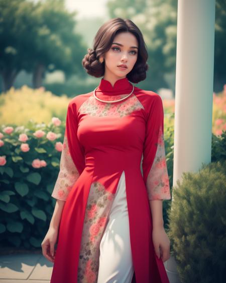 cinematic film still adult woman, beautiful, american,  auburn chignon hair,  hazel eyes, wearing dress, dr3ss, wearing  red dress, (floral print), (pants), <lora:AoDai-30:0.75>, high quality, best quality, highres, 8k, rim lighting, outdoors, rose garden backdrop, necklace . shallow depth of field, vignette, highly detailed, high budget, bokeh, cinemascope, moody, epic, gorgeous, film grain, grainy