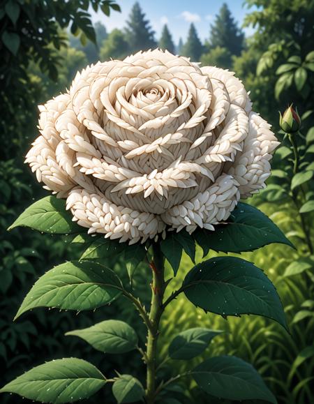 A rose made out of rice grains in a garden background. Ultra-detailed, absurdres, masterpiece, high quality. <lora:Rice_Grains_Morph:1>,