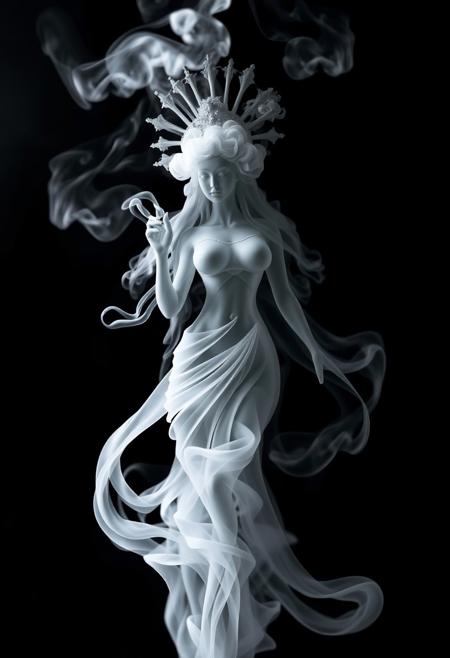 The image features a smoke-like representation of a beautiful goddess, which appears to be a white and gray goddess. The smoke is billowing upwards, creating a visually striking and artistic effect. The smoke is so dense and well-formed that it resembles the shape of a beautiful goddess, making it an interesting and unique sight. This artistic representation of a goddess using smoke adds a creative and captivating element to the scene.