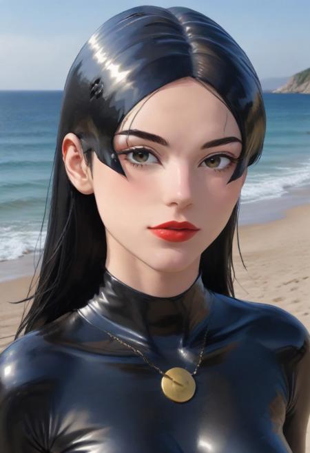 (shnywrld:2.5), score_9, score_8_up, score_7_up, score_6_up, score_5_up, score_4_up, UHD, 8K, masterpiece, detailed, ultra_high_resolution, lots of detail, female face, (latex hat:1.6), colorful large latex summer hat, (seaside:1.6), Fr4nc1n3Sp4g