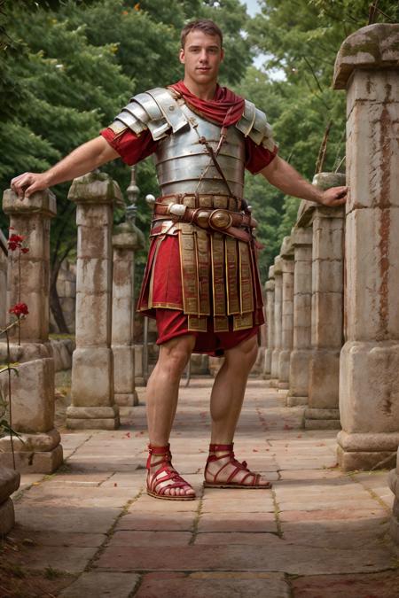 standing on a Roman road, aquaduct in the background, DustinKane is wearing loriseg armor, (red tunic), (red shirt), (sandals), slight smile, holding sword, (((full body portrait))), full body, wide angle, (facing viewer) <lora:loriseg:0.7> <lora:fantrome_v3:0.60>  <lora:DustinKane:0.8>