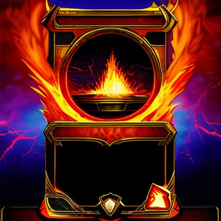 bct2, red colour, volcano and fireball style, card with red gem pillars, title banner at the top, text space in the middle, black illustration frame, text box, best quality, masterpiece   <lora:bct2_basic:2.5>