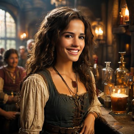 highly detailed candid photo of female barkeep:1.2,

1girl, solo, long hair, looking at viewer, smile, brown hair, black hair, brown eyes, jewelry, teeth, belt, necklace, grin,


masterpiece, best quality:1.1, realistic:1.3,
shadow play:1.0,  dark interior, medieval tavern:1.-, 

ultra photoreal, photorealistic:1.0, sharp focus:1.1, 
depth of field:1.1, 

50mm, style of Nathan Wirth, Hasselblad X1D II, Porta 160,
