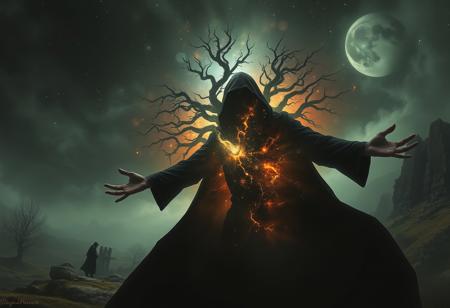 A universe inside a dark cloaked figure within mysterious landscape in an unfathomable realm of fantastic creation inhabited by ancient shadows of a forgotten time beyond the gate of the gateless gate where life is limitless, light is shadow and shadow is light, eerie sense, horror, spark of the beginning, existence and nonexistence at once, ethereal, outstretched arms, behold the end of the beginning, inglorious glory to the dark one, betrayal of the ancient order, beware the 7headed beast, destroyer of the old ways, bearer of the unbearable, nightmarish, archaic runes, tree aging backwards, breath of the gods, ruins of a place unimagined, extreme intricate detail, photorealistic, beyond epic scene, fate discarded, unseeable face of god, the end is the beginning, the beginning is the end, man arises as god dies, as above so below, as below so above, emerald tablet, thoth, guardian and saboteur of existence, hopeless hope, ghosts of the unborn, conception of the inconceivable, cosmic well of imperceptible perception, evil aura, infinite emptiness, pillars of void, overwhelming subtlety, abstract sacred geometry, beams of readiness without intention, gift of doom, despair of the ages, hidden secret warnings from dead gods, carved by the conductor of unholy loneliness of time incarnate, consumed by the night itself, beautiful tragedy of hellish discovery, unraveling mist of unreal reality, philosophers stone