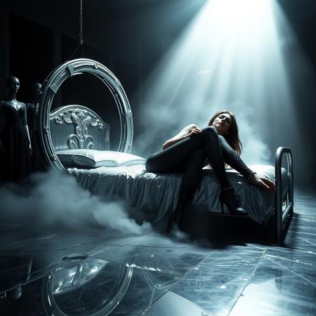 Ethereal, slender, ultra thin waist, tall, raven-haired Norwegian socialite wearing stunning black lace trouser suite and high heels, laying at reclined steel foil bed, head restrained in  surrounding sci-fi brainwashing machine ring, hand cuffed to the bed, ankles cuffed to the bed. Restrained. Bonded. Forced. Struggling. Eeire fog from the floor. A coterie of black, Victorian-era mannequins, draped in tattered, luxurious wedding black bridal ball-gowns. Above, a blindingly intense light beam illuminates the scene, casting an eerie glow upon the polished steel floor, cosmic horror of alien emperor bed-chamber. Inspired by the surreal, biomechanical visions of H.R. Giger, the eerie, atmospheric lighting of Roger Dean, and the masterful, cinematic storytelling of Ridley Scott