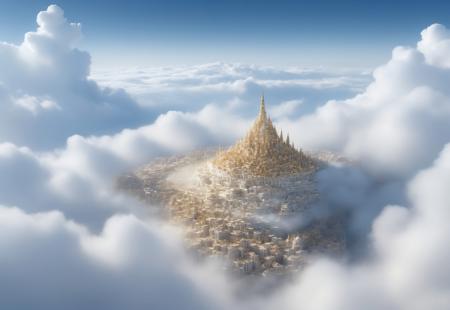 A vast glistening city in the clouds made of white ivory and gold, blue sky
