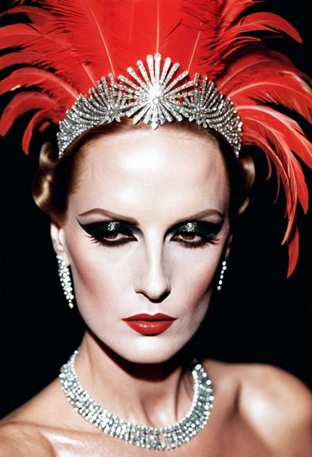 Photo by <lora:HELMUTNEWTON-000001:1> HELMUTNEWTON, photographer,  Close-up, High Key Lighting ,Fujifilm Provia 100F, “Cabaret Glamour”: Backstage at a burlesque show, a dancer adjusts her feathered headpiece. Sequins, red lipstick, and smoky eyes create an aura of sensuality. ,, fashion editorial photography, high-fashion imagery, avant-garde aesthetics, editorial storytelling, conveying fashion trends and concepts, artistic interpretation, expert styling, professional lighting, capturing fashion-forward visuals, creating visual impact, evoking emotion, pushing creative boundaries