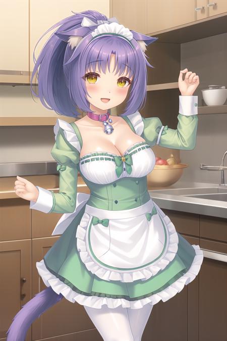 nekogui,gold eyes, <lora:super-nekogui-v7:0.94>,1girl, breasts, solo, animal ears, tail, large breasts, cat ears, cleavage, dress, bow, bell, cat tail, open mouth, looking at viewer, purple hair, pantyhose, green dress, frills, yellow eyes, apron, long sleeves, frilled dress, blush, smile, neck bell, jingle bell, puffy sleeves, maid headdress, ponytail, cat girl, bowtie, :d, juliet sleeves, indoors, collarbone, maid, bangs, clothing cutout, cleavage cutout, choker, collar, white pantyhose, slit pupils, ribbon, standing, waist apron