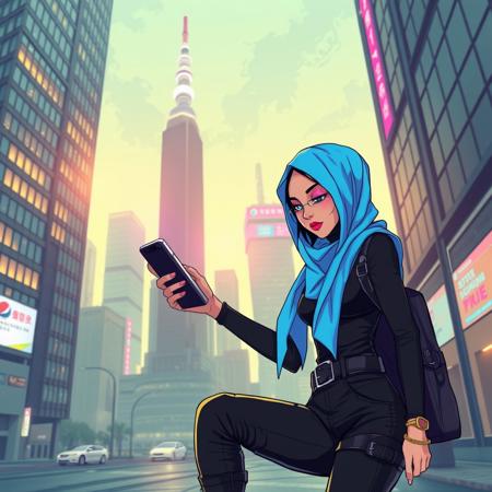 Generate a Wonder AI draw prompt for a cyberpunk-themed illustration. Envision a teen girl in a luminous blue hijab with pink glitter lipstick and luminescent pink eyeshadow. Her black hair, showing from under the hijab, has luminescent blue highlights. Dress her in a tight black turtleneck, tight pants with belts, and high boots. Picture her using a handheld computer to hack into a terminal outside a corporate building in the futuristic cityscape of Neo Tokyo. Capture the intensity and focus of the hacking scene within the cyberpunk setting.