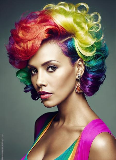 portrait of sks woman by Flora Borsi, style by Flora Borsi, bold, bright colours, rainbow Mohawk haircut, ((Flora Borsi)), <lora:locon_vivicafox_v1_from_v1_64_32:1>