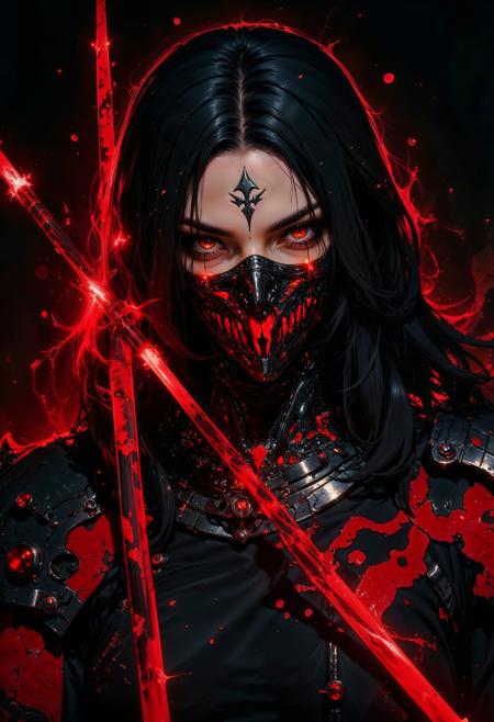 a futuristic, cyberpunk style. The layout is a vertical portrait focusing on a female character with a striking appearance. She has long, dark hair and is wearing a detailed, mechanical mask covering her lower face, adorned with red and black metallic elements. Her eyes are intense, with a glowing red hue, and she has a tattoo on her forehead. Her skin is pale, contrasting with the dark and red tones of her attire. She holds a katana with a glowing red blade. The background is dark, enhancing the vivid red highlights and the overall dramatic effect of the image.