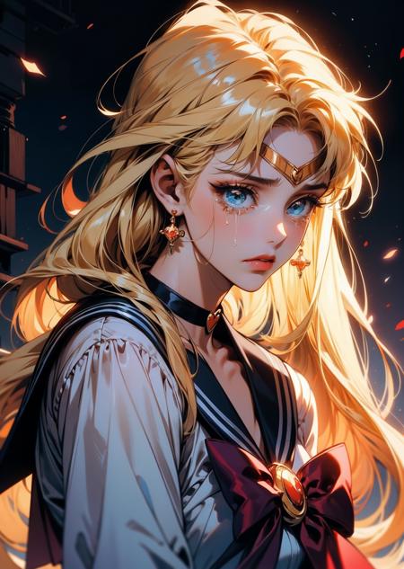 masterpiece, best quality, 1girl, sailor moon crying because her boyfriend broke up with her, long blond hair, sailor moon aesthetics, dreamcore, sad girl aesthetics, sad stuff man