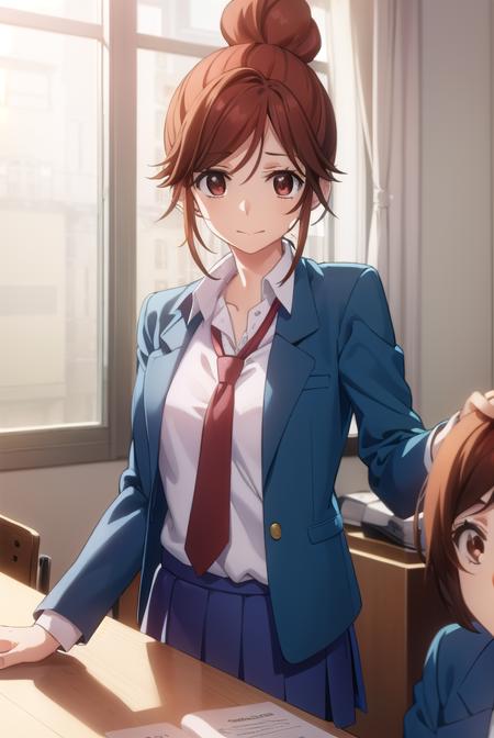 natsukienomoto, <lora:natsuki enomoto movie-lora-nochekaiser:1>,
natsuki enomoto, short hair, brown hair, (brown eyes:1.5), hair bun, single hair bun, (swept bangs:1.5), smile,
BREAK skirt, school uniform, jacket, pleated skirt, necktie, blazer, blue blazer, shirt, white shirt, collared shirt, red necktie, blue skirt,
BREAK indoors, classroom,
BREAK looking at viewer, (cowboy shot:1.5),
BREAK <lyco:GoodHands-beta2:1>, (masterpiece:1.2), best quality, high resolution, unity 8k wallpaper, (illustration:0.8), (beautiful detailed eyes:1.6), extremely detailed face, perfect lighting, extremely detailed CG, (perfect hands, perfect anatomy),