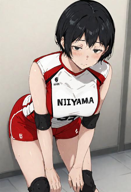 1girl,amanai_kanoka,black hair,very short hair,black eyes,large breasts,sportswear,volleyball uniform,red shorts