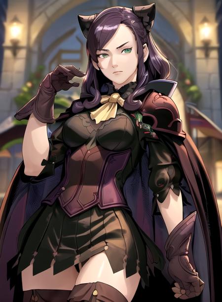 best quality, (masterpiece),(ultra-detailed), (high quality), (high resolution), <lora:eveb-10:0.7>,1girl, armor, purple hair, cape, dress, eve belduke, gloves, green eyes, long hair, parody, pillarboxed, solo, thighhighs, upper body