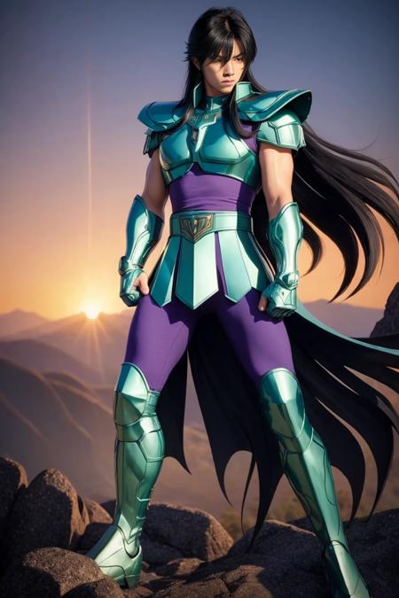 <lora:Dragon Shiryu_V4:0.55>, (1 boy),(MASTERPIECE:1.2),(REALISTIC:1.6),(ILLUSTRATION:1.2),Slender,8K, long black hair ,remove  helmet,
 balanced eyes,Dragon Shiryu wearing green silver armor,(purple pants),purple short sleeve shirt, dynamic pose, armor on arm,
rock cliff background , very detailed background ,(THAI:1.0), (JAPANESE:1.0)